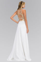 Jewel and Bead Embellished Long Dress with Back Cut Out